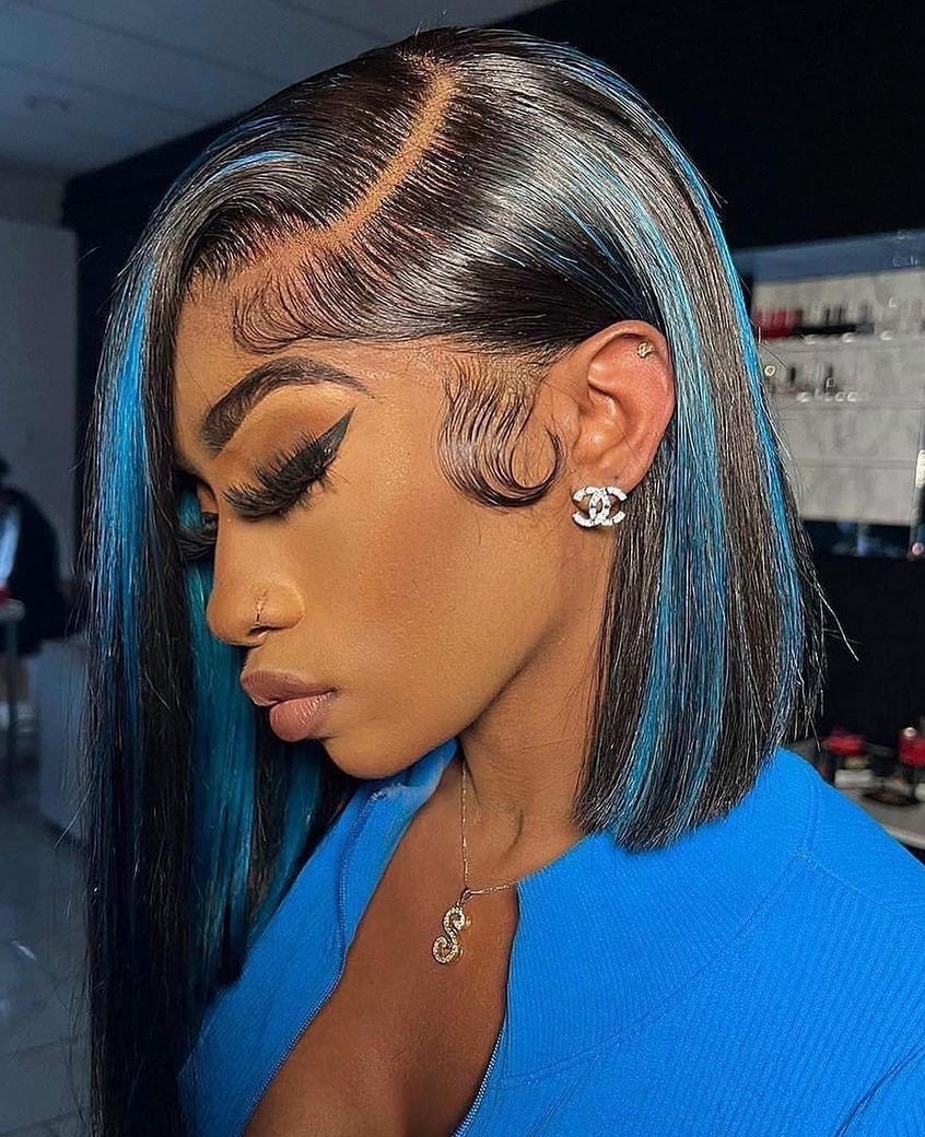 Blue Skunk Stripe Hair on Sleek Long Bob Cut