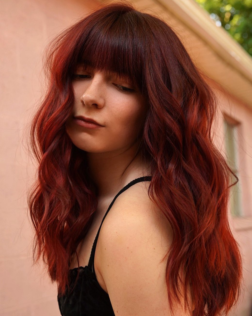 Blunt Bang on LongDark Red Wavy Hair