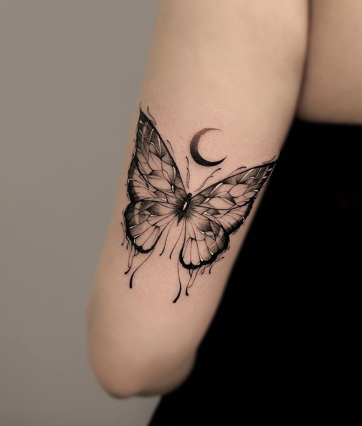Butterfly and Moon Tattoo on Arm