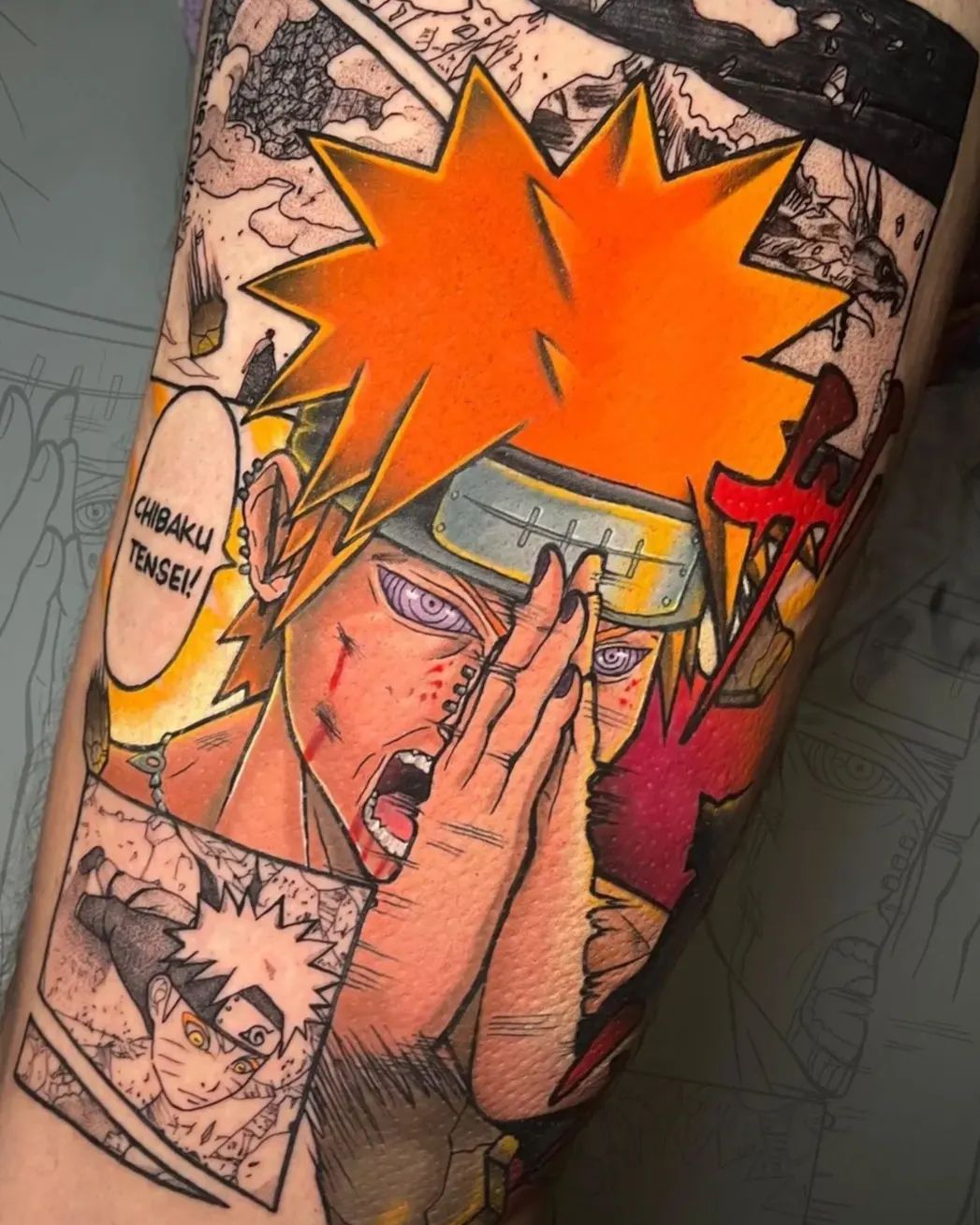 Colorful Pain Naruto Tattoo on Leg