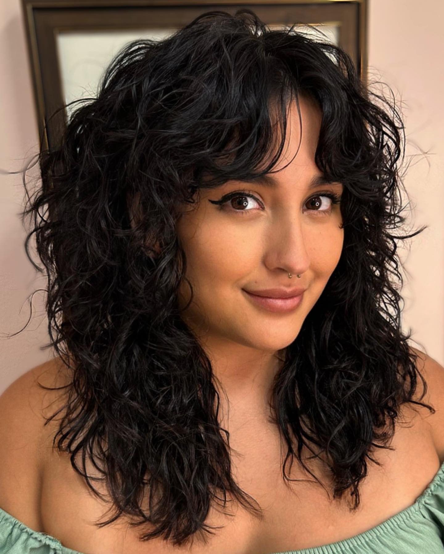 Curly Black Hair with Curtain Bang