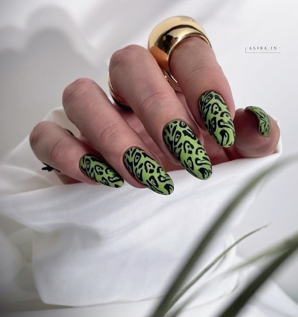 Dark Green Matte Oval Nails with Leopard Print