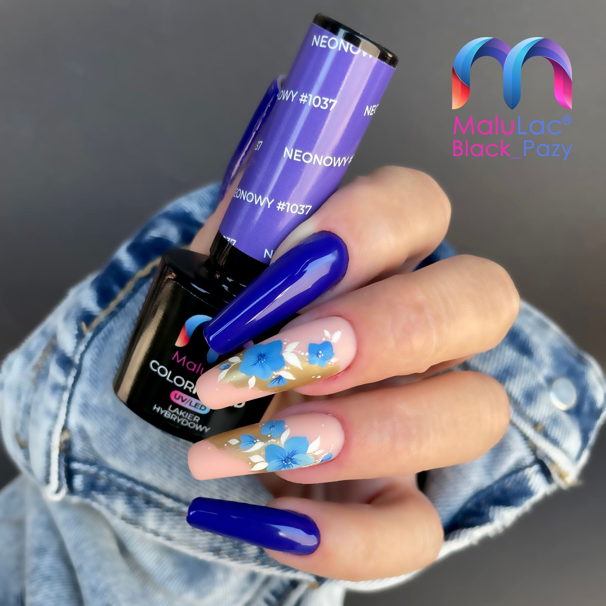 Deep Blue Glossy Nails with Flowers