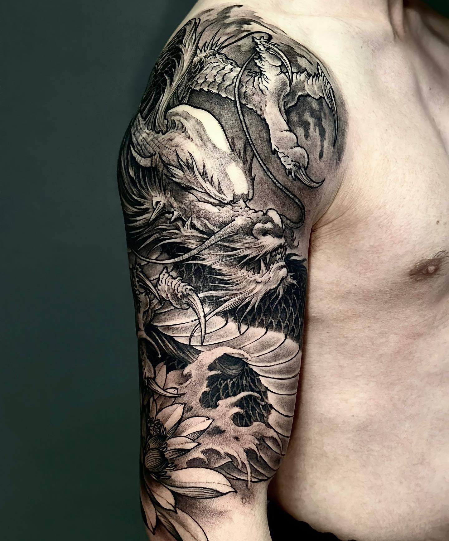 Dragon and Lotus Tattoo on Sleeve