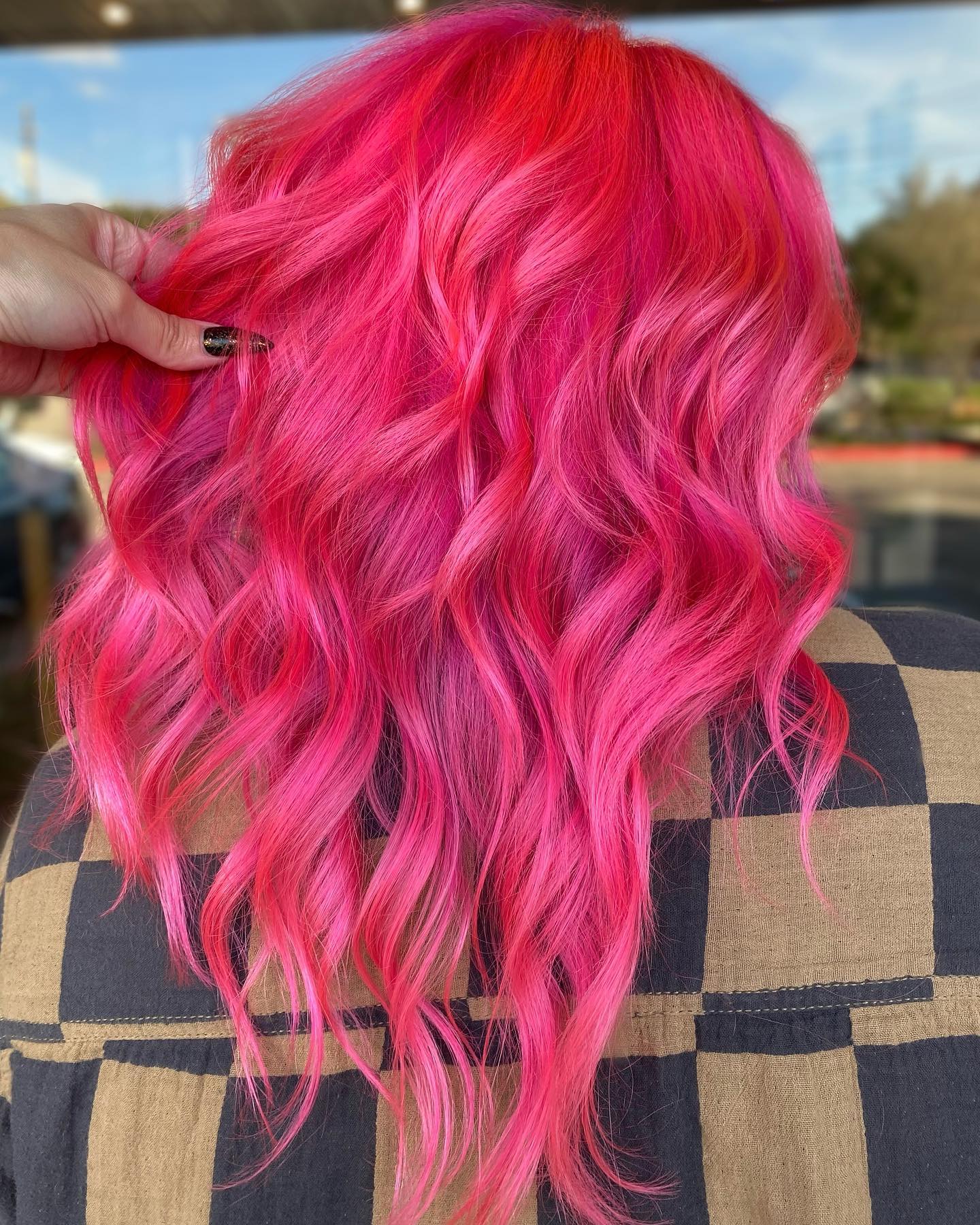 Hot Pink Color on Medium Length Wavy Hair