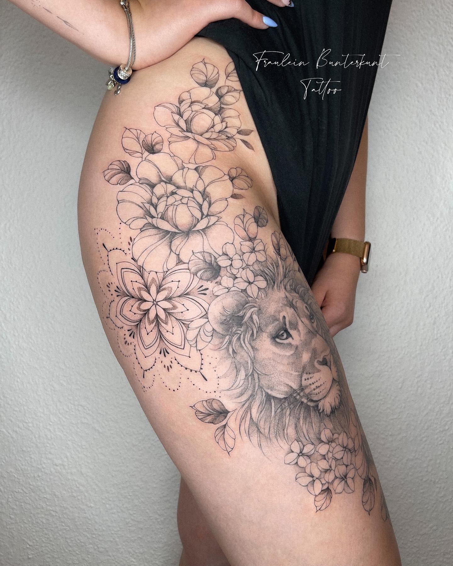 Large Lion Tattoo with Flowers on Hip