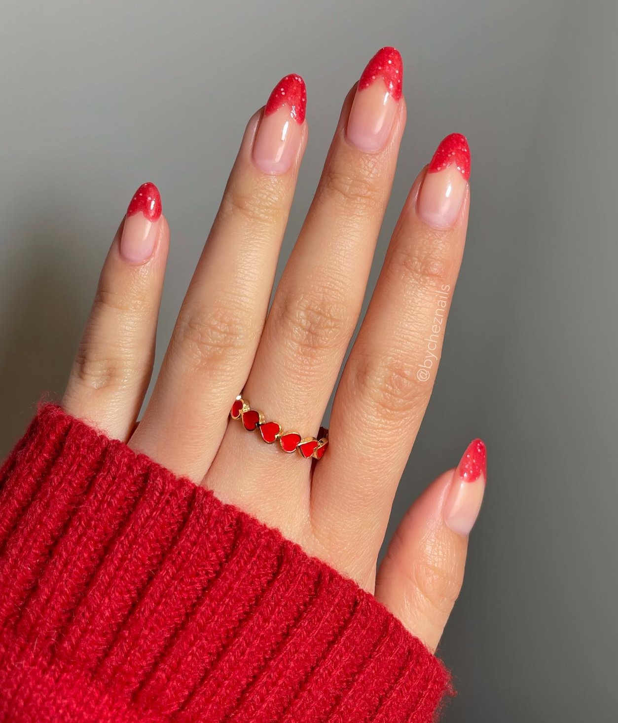 Long Round Nails with Red Heart Tips