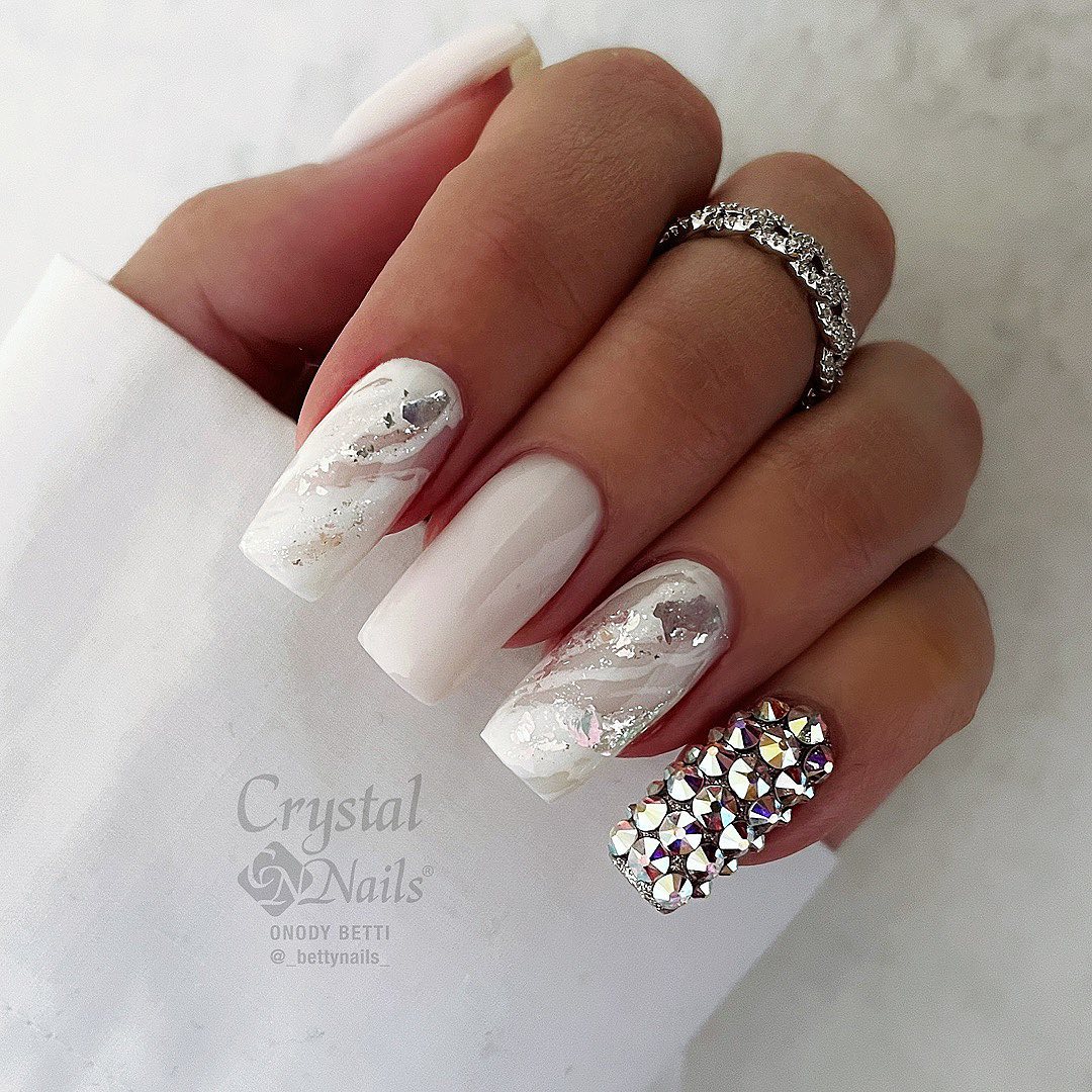 Long Square Acrylic Marble Nails with Silver Foil