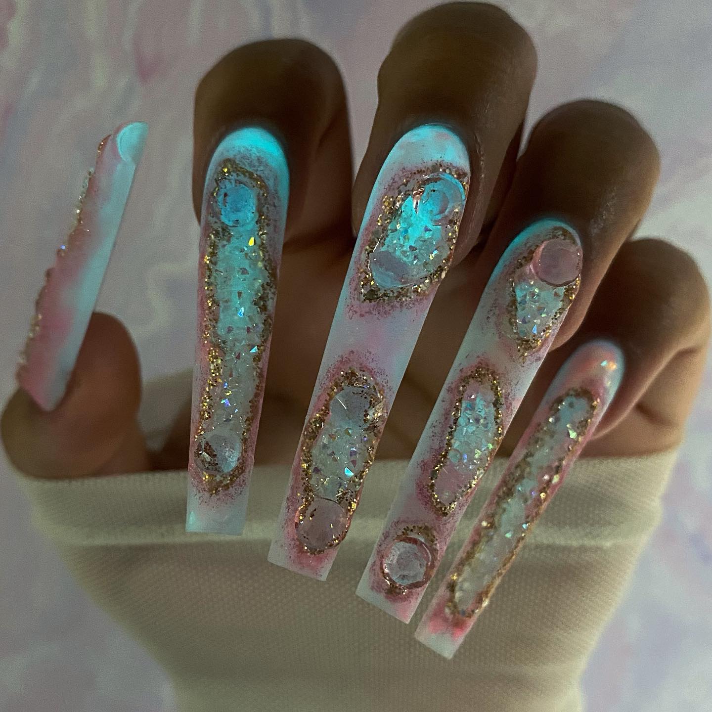 Long Square Glow in the Dark Nails with Crystals