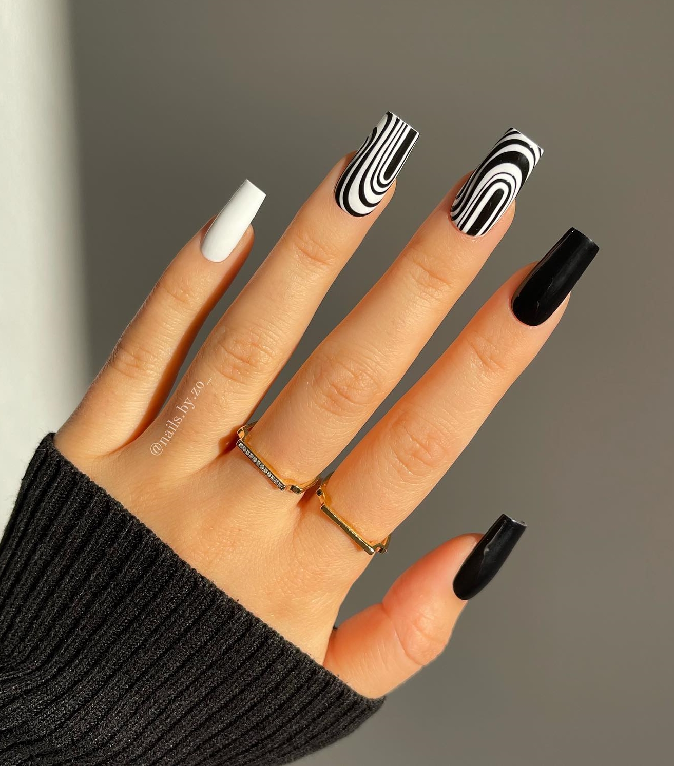 Long Square Nails with Geometric Black and White Design
