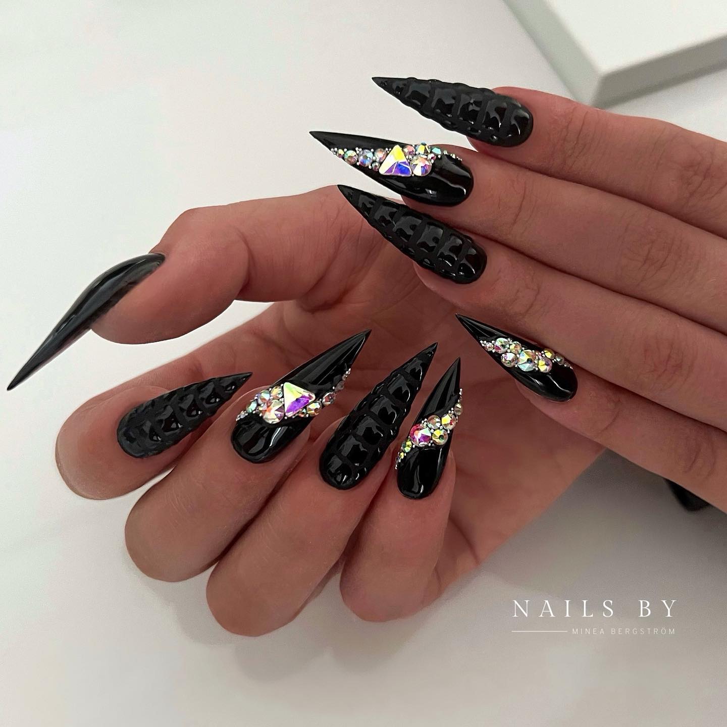 Long Textured Stiletto Black Nails with Rhinestones
