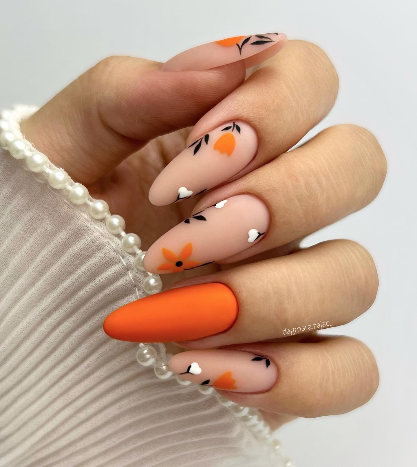 Orange and Nude Matte Nails with Flowers