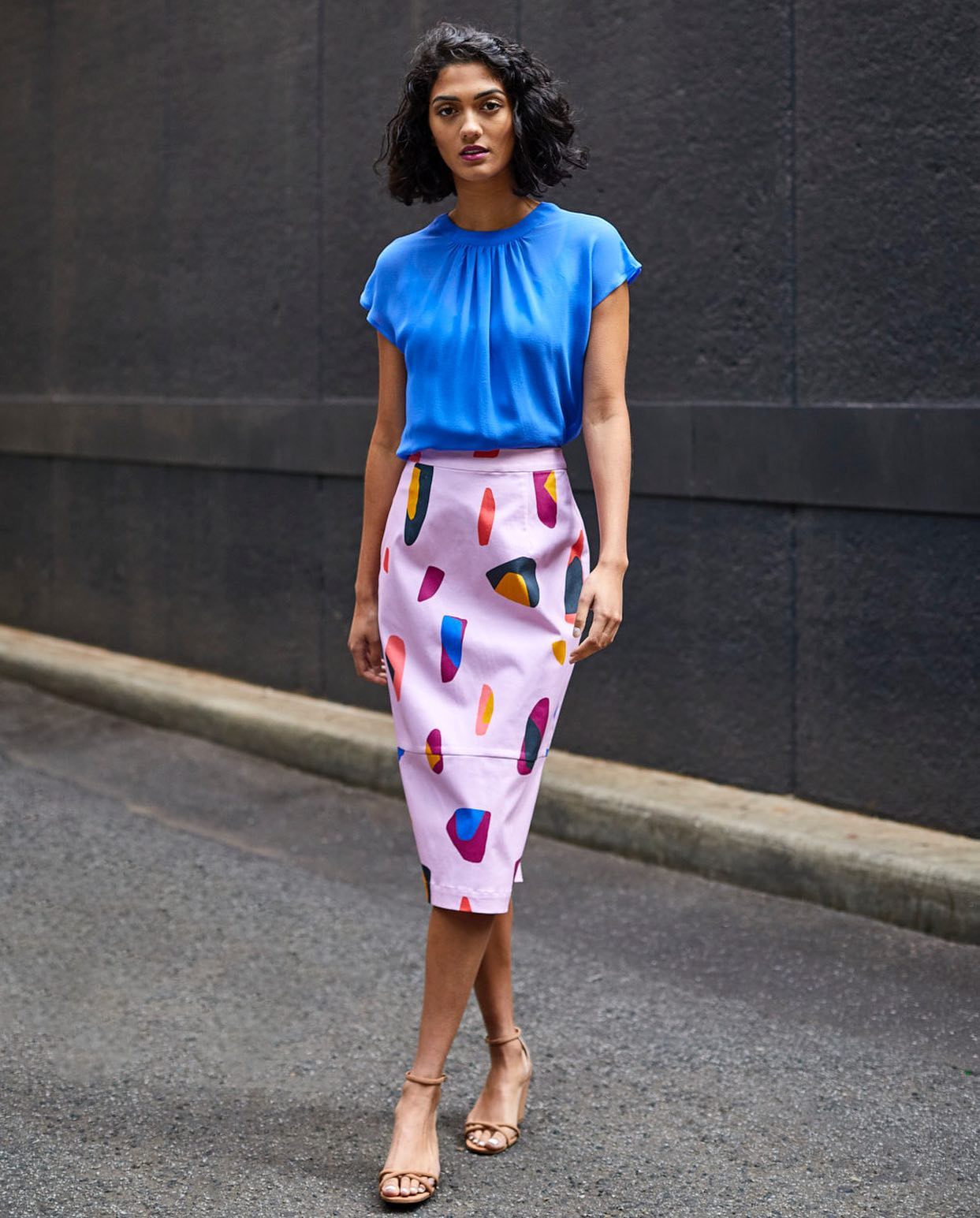 Pink Pencil Skirt with Blue Blouse