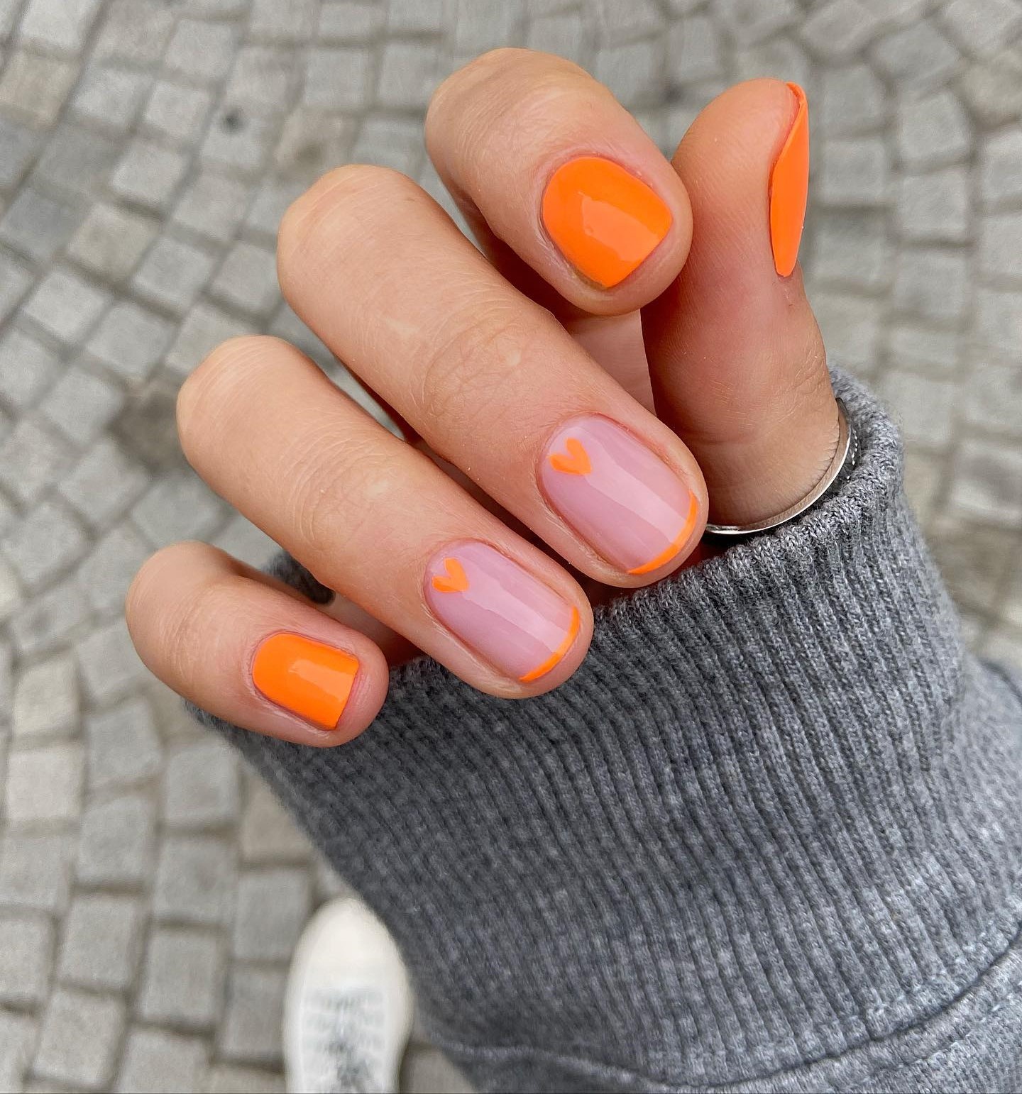 Short Orange Nails with Orange Tips and Hearts