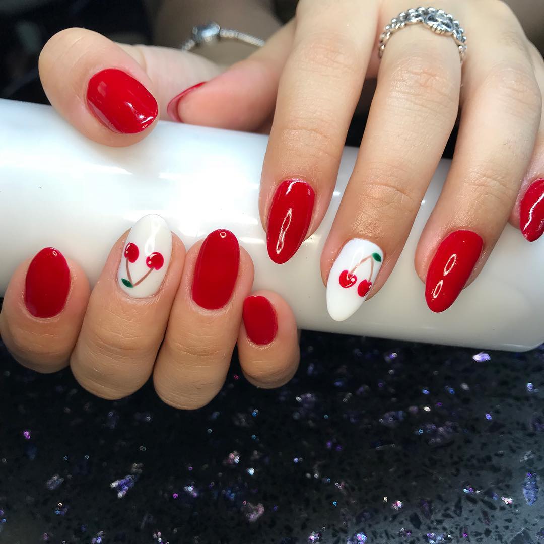 Short Round Red and White Nails with Red Cherries