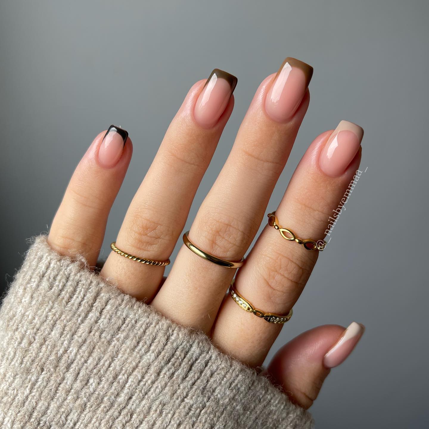 Short Square Nails with Brown French Tips