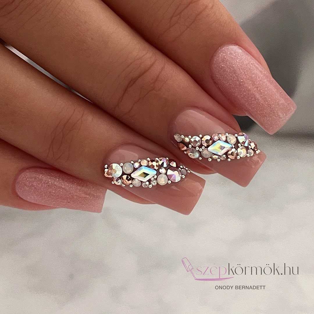 Square Nude Nails with Rhinestones
