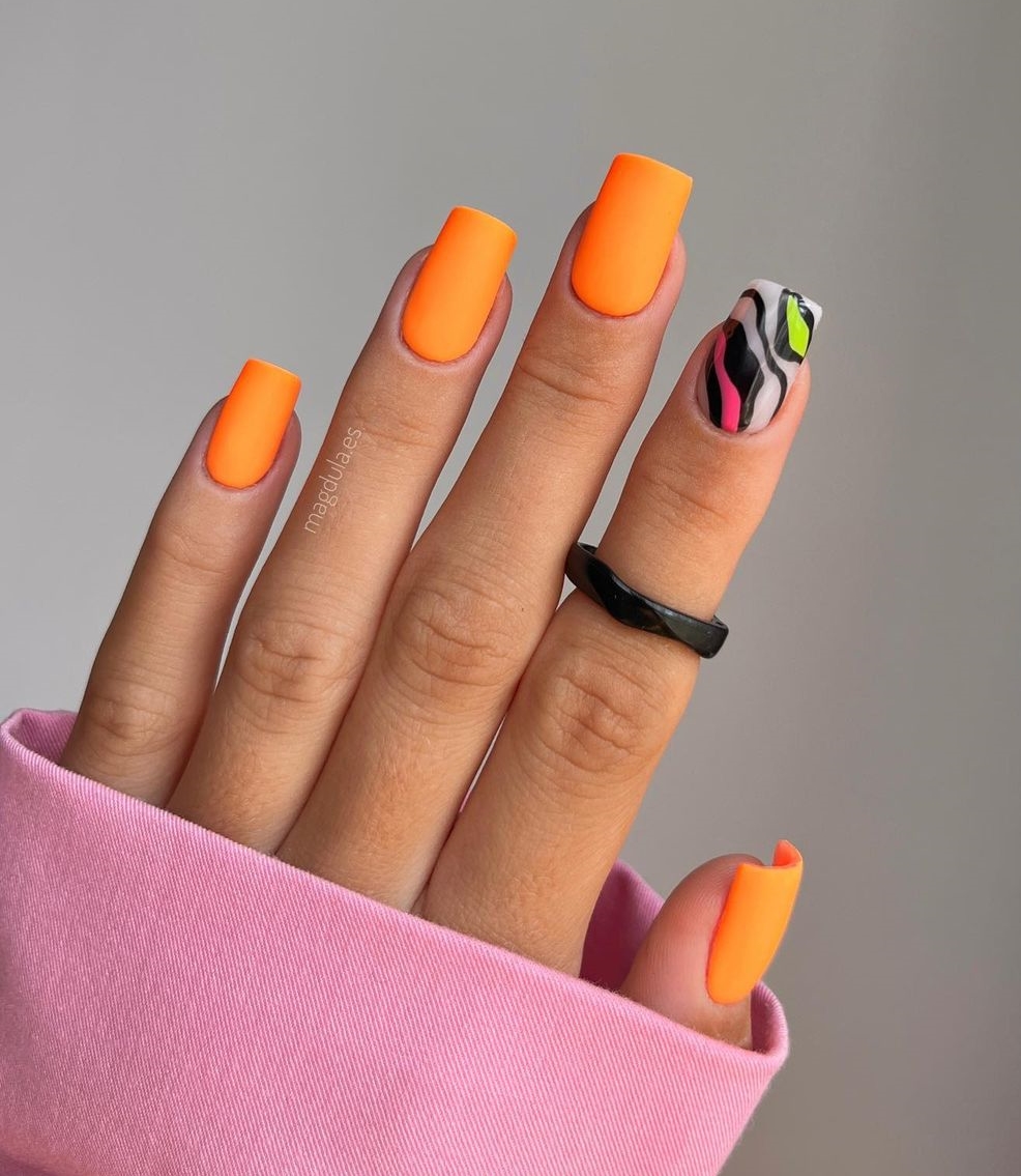 Square Orange Neon Nails with Design