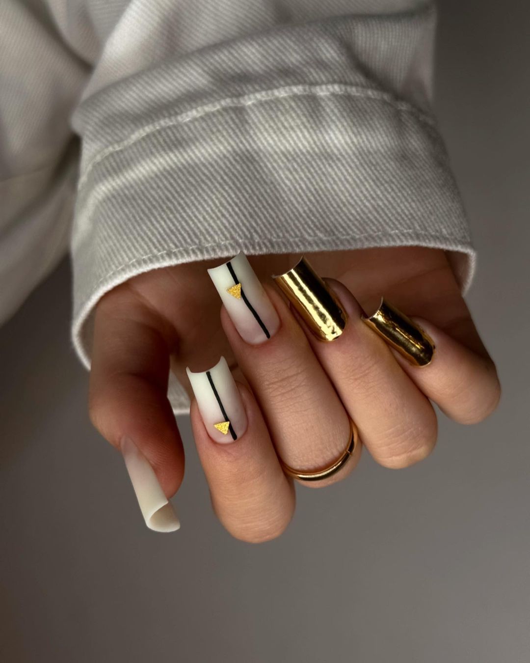 White and Gold Long Square Nails