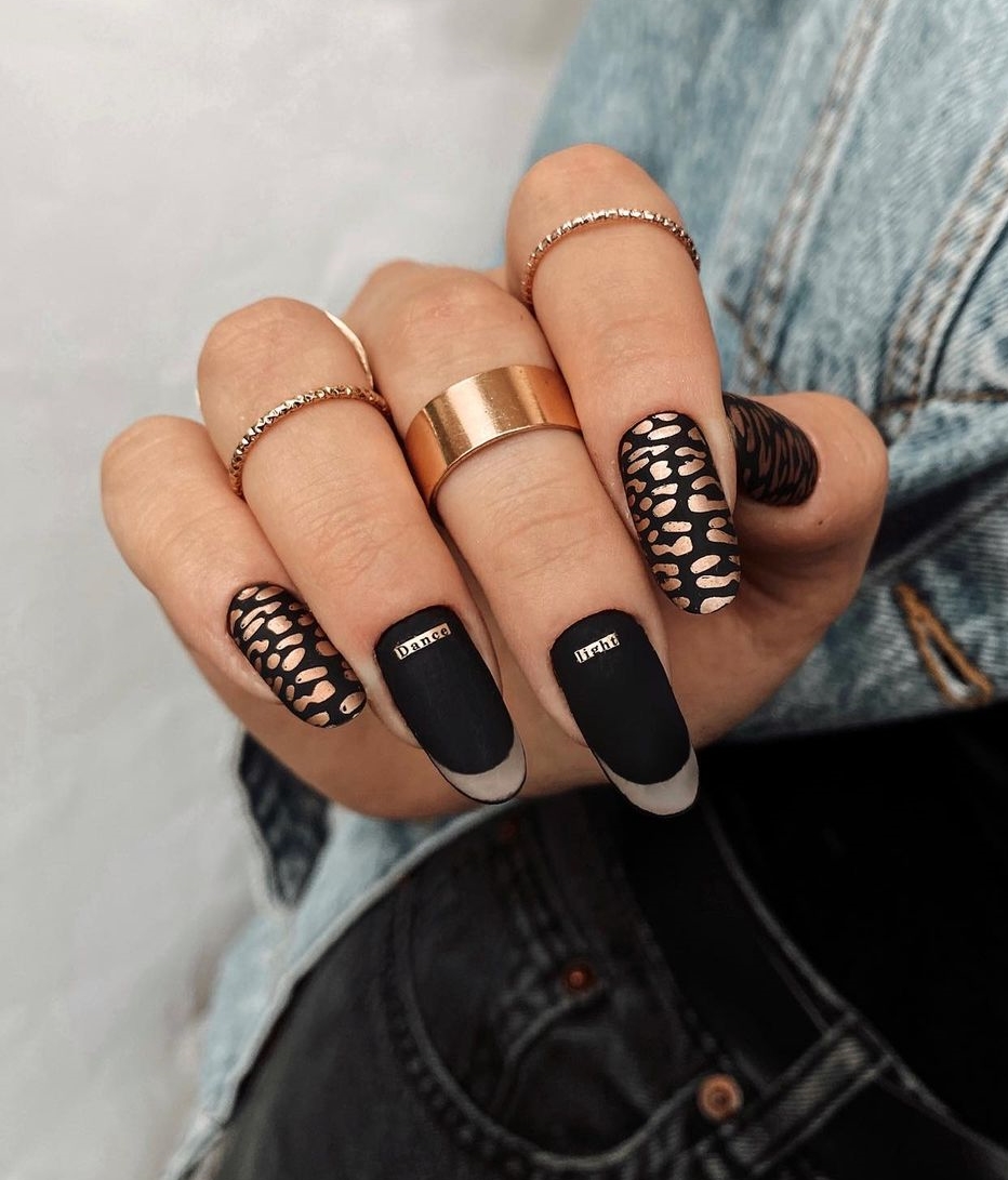 Black Matte Nails with Gold Leopard Print