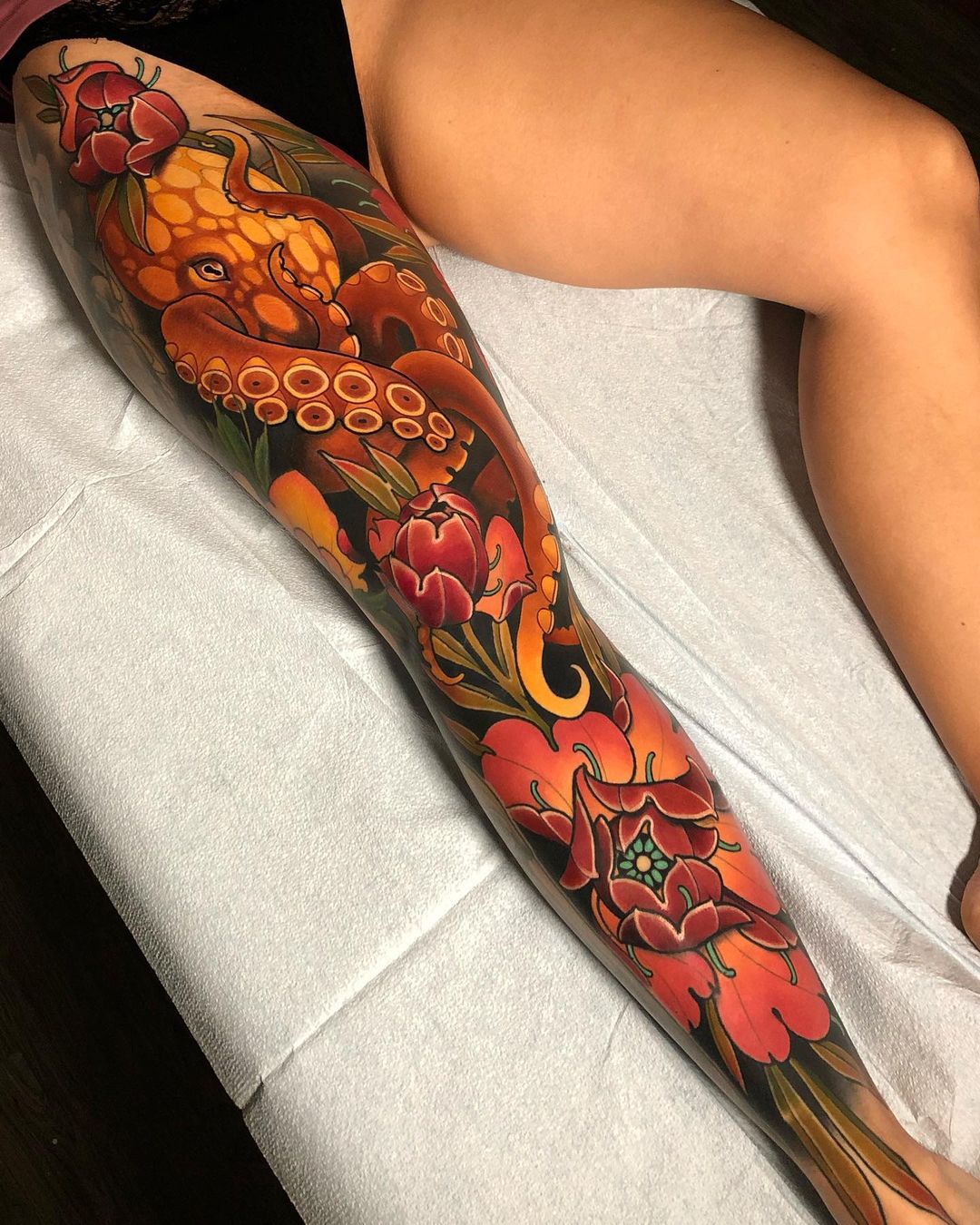 Colorful Whole Leg Octopus Tattoo