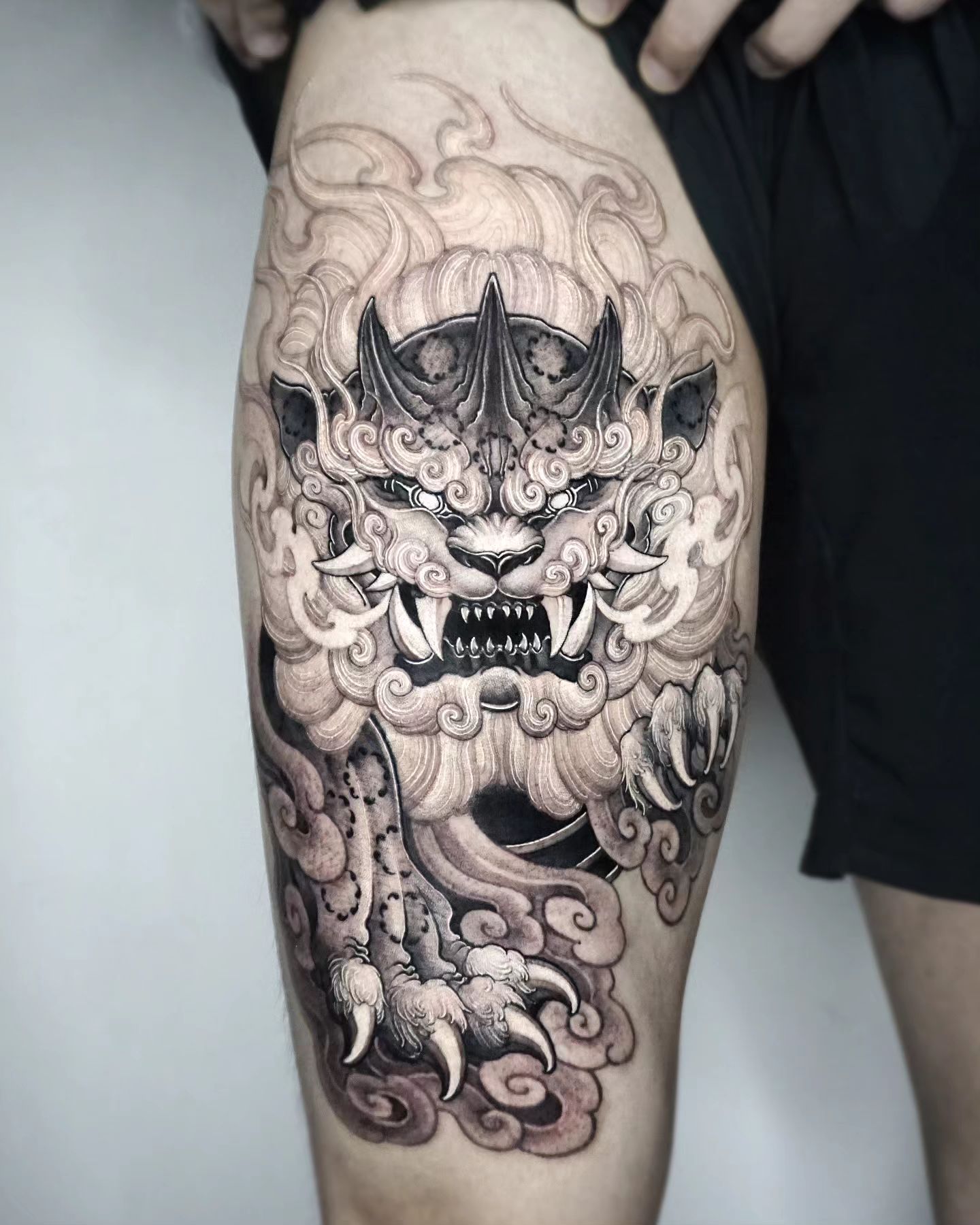 Large Japanese Lion Tattoo on Thigh