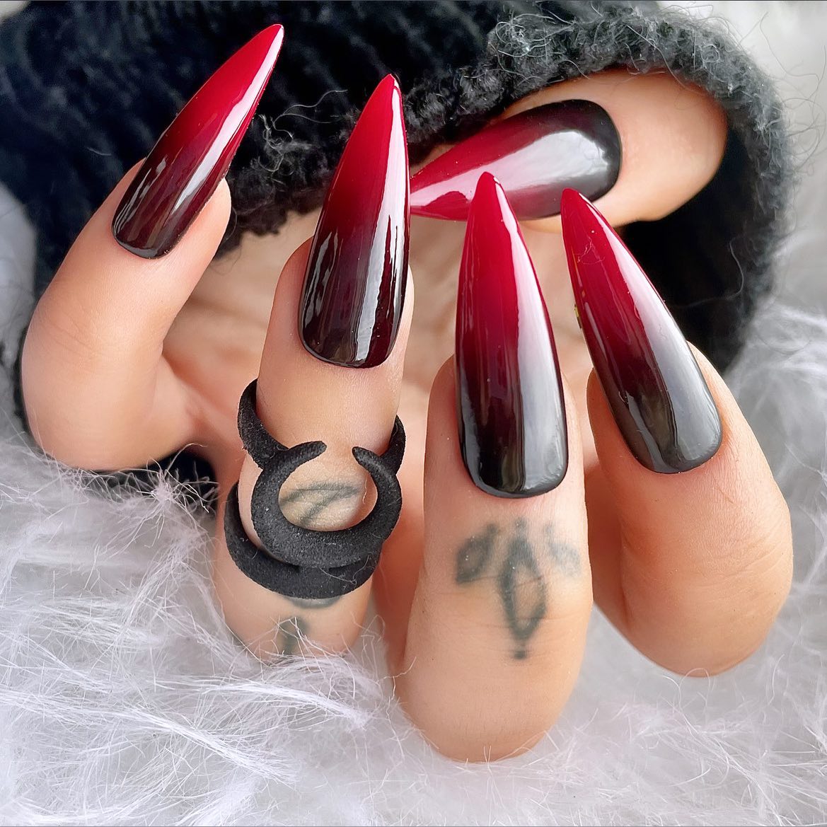 Long Sharp Nails with Dark Red Tips