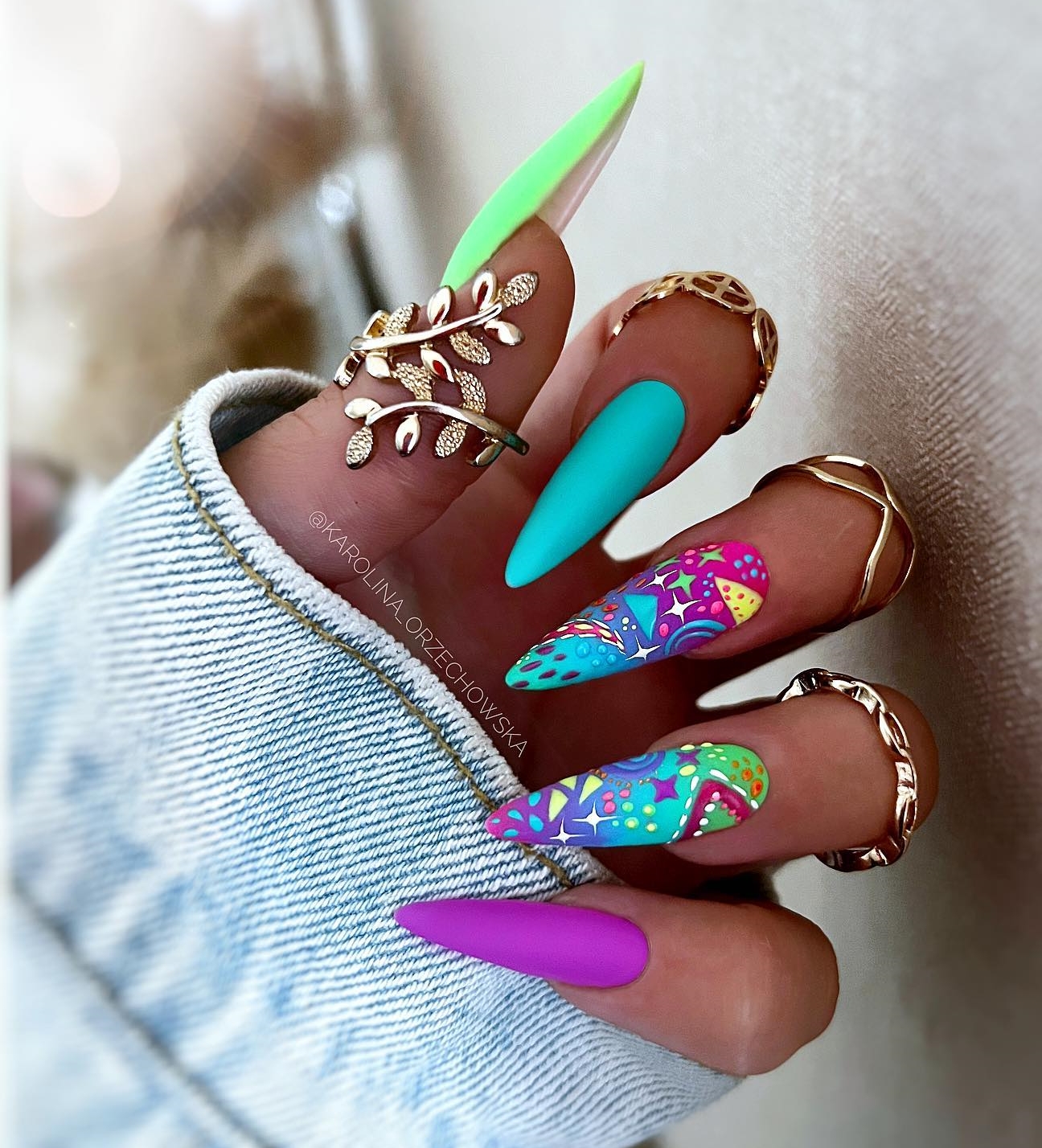 Long Stiletto Neon Nails with Colorful Design
