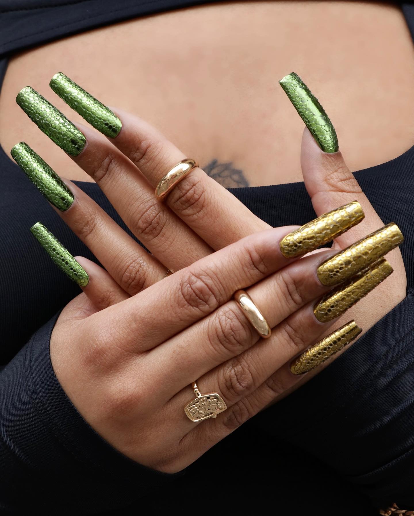 Long Yellow and Green Chrome Nails