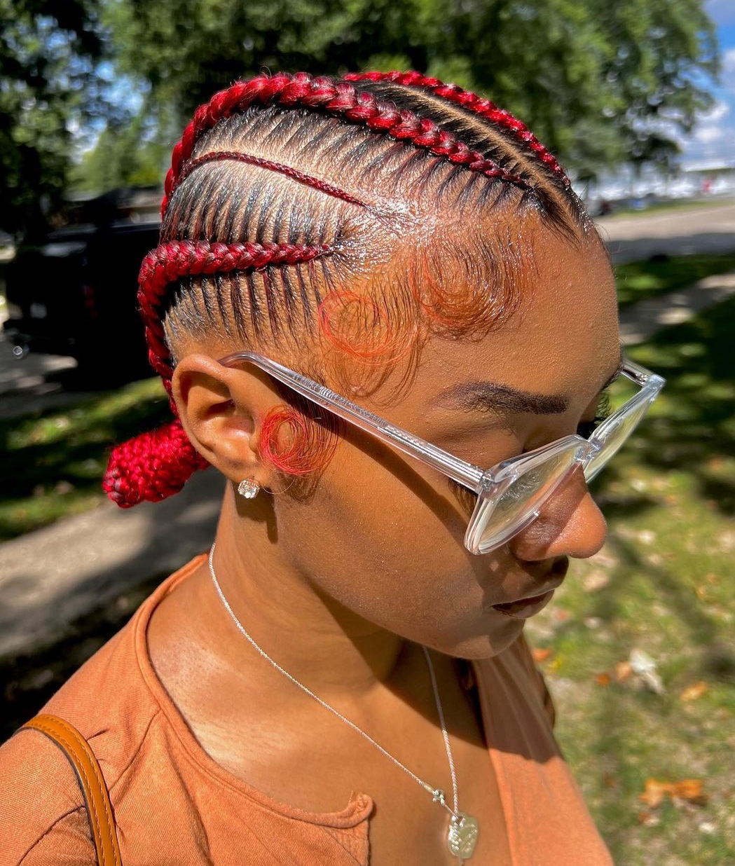 Red Stitch Braids with Bun on Short Hair