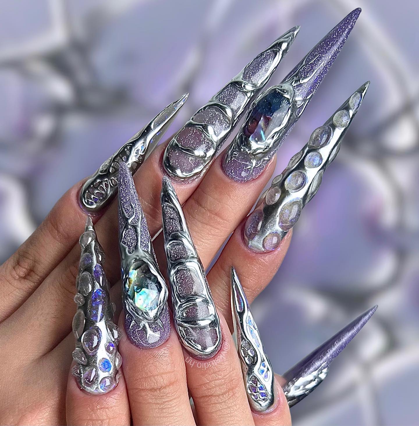 Chrome Stiletto Nails with 3D Design