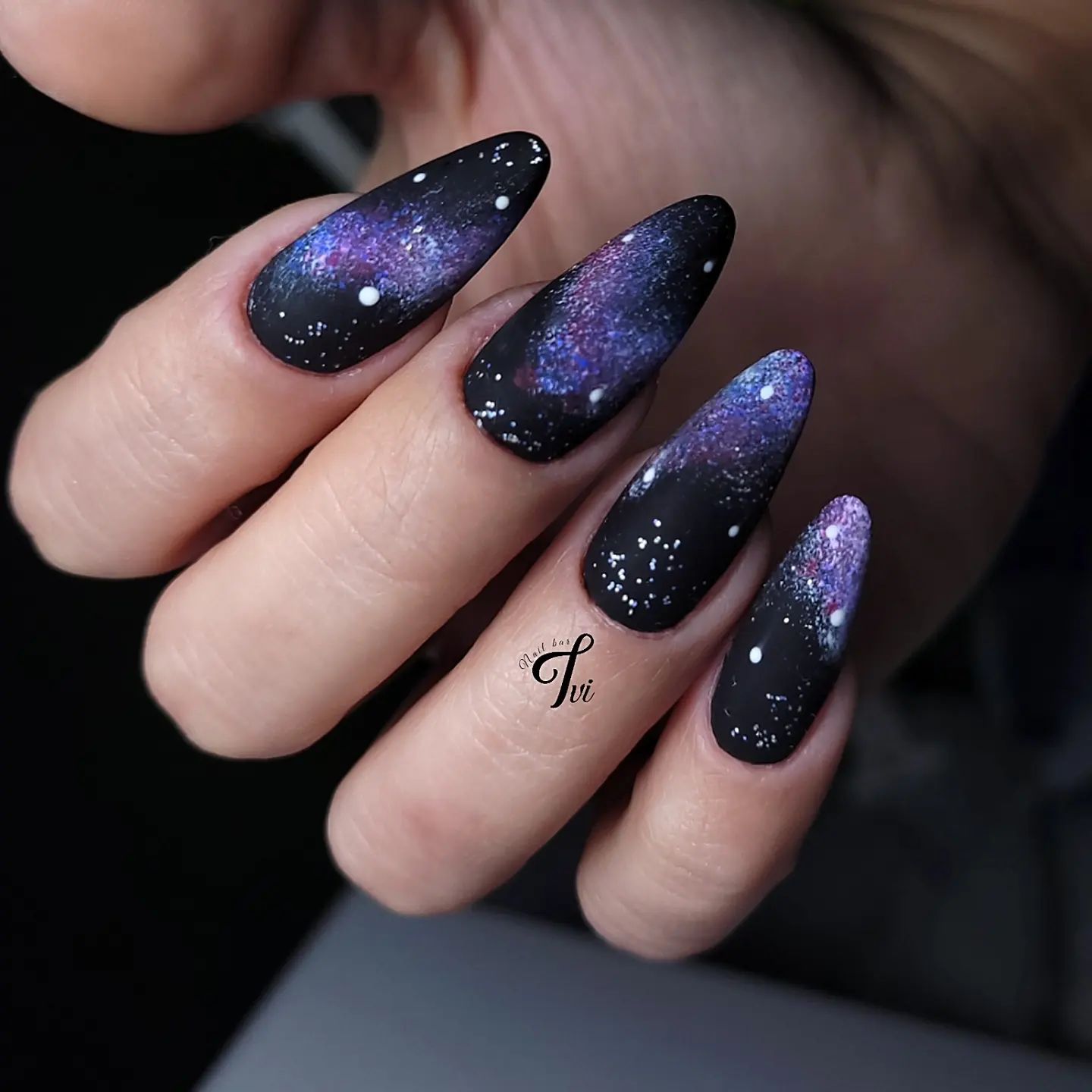 Long Round Matte Purple Galaxy Nails