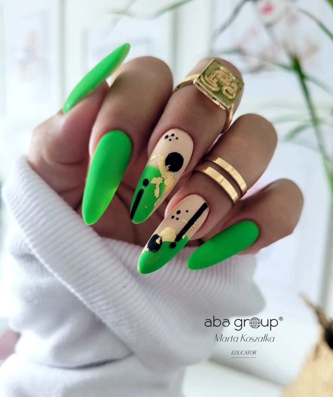 Neon Green Nails with Foil Design