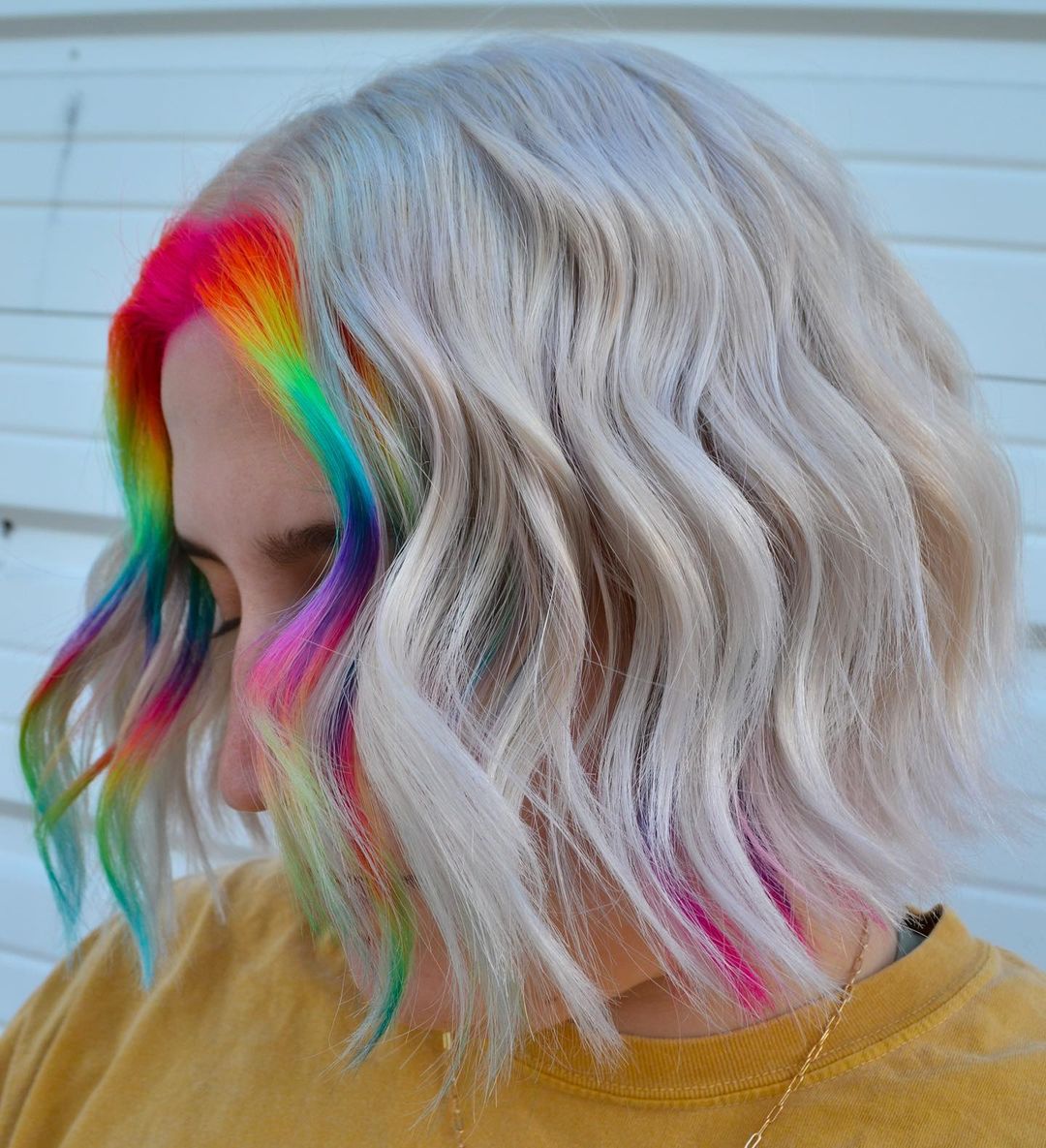 Rainbow Money Piece on Short Blonde Bob Cut