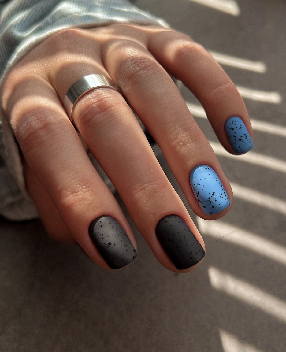 Short Black and Blue Matte Nails