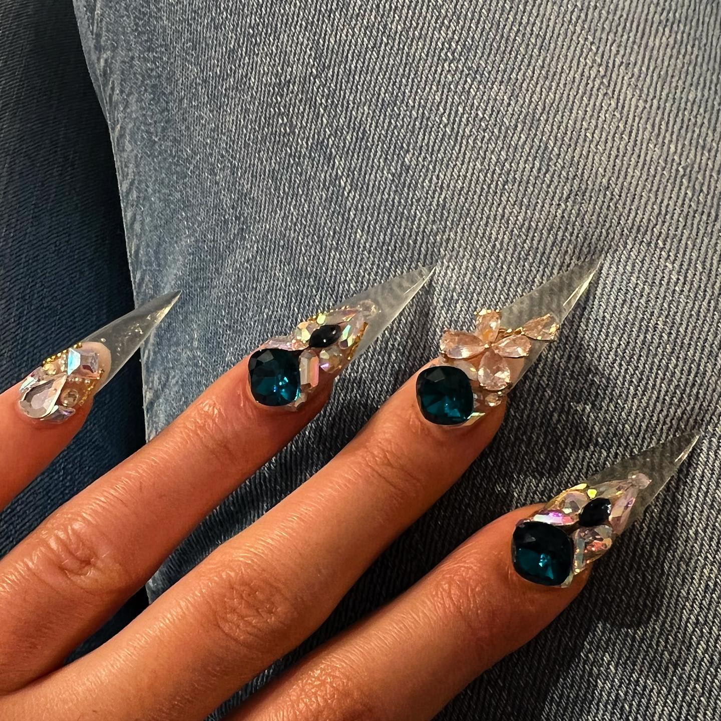 Acrylic Stiletto Clear Nails with Rhinestones