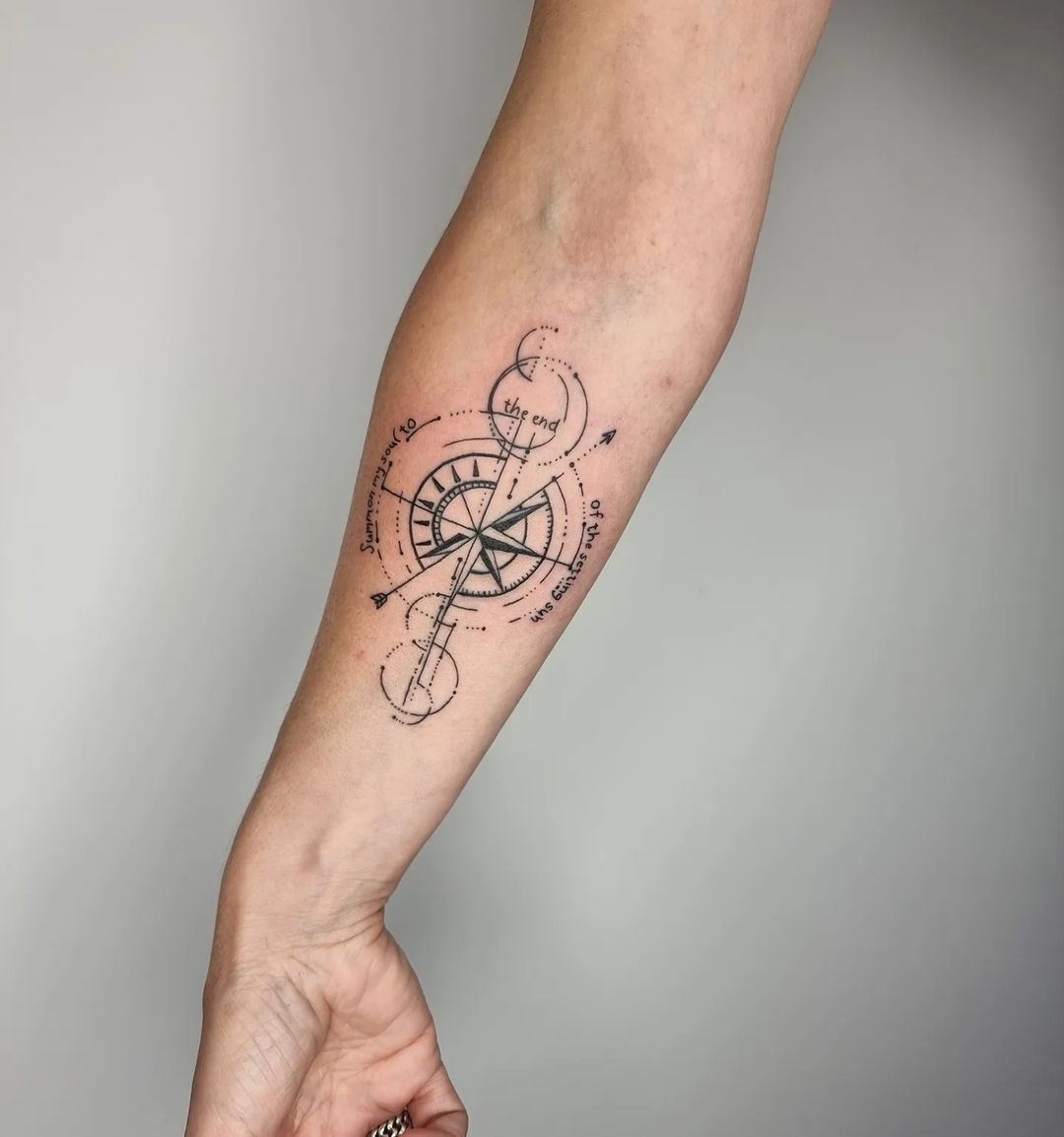 Black Ink Compass Tattoo with Quote on Arm