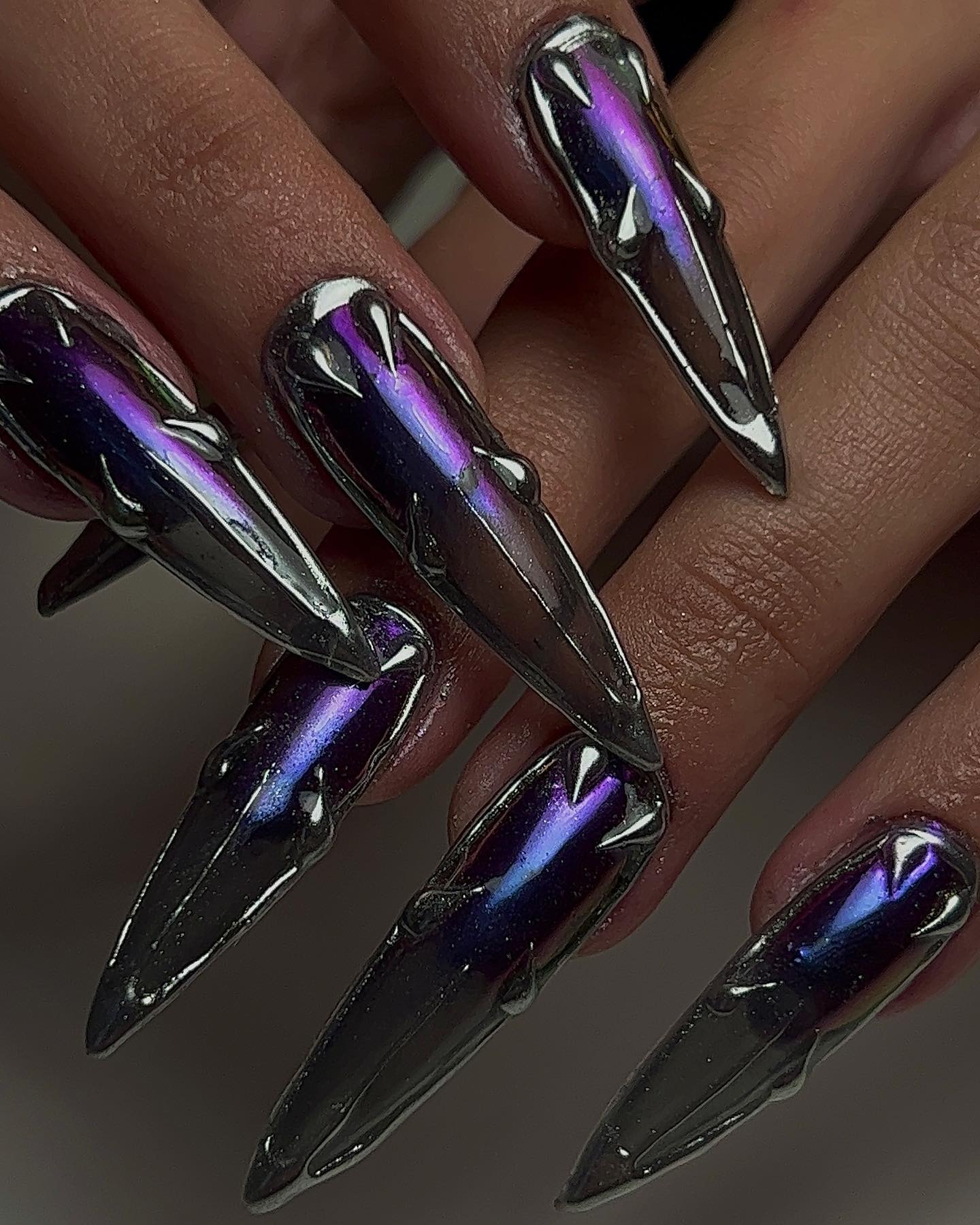 Chrome Purple Stiletto Nails with 3D Design