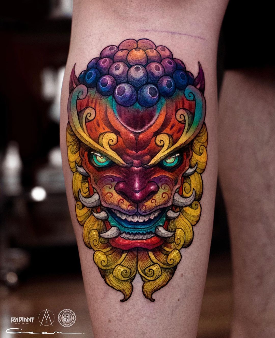 Colorful Japanese Lion Tattoo on Leg