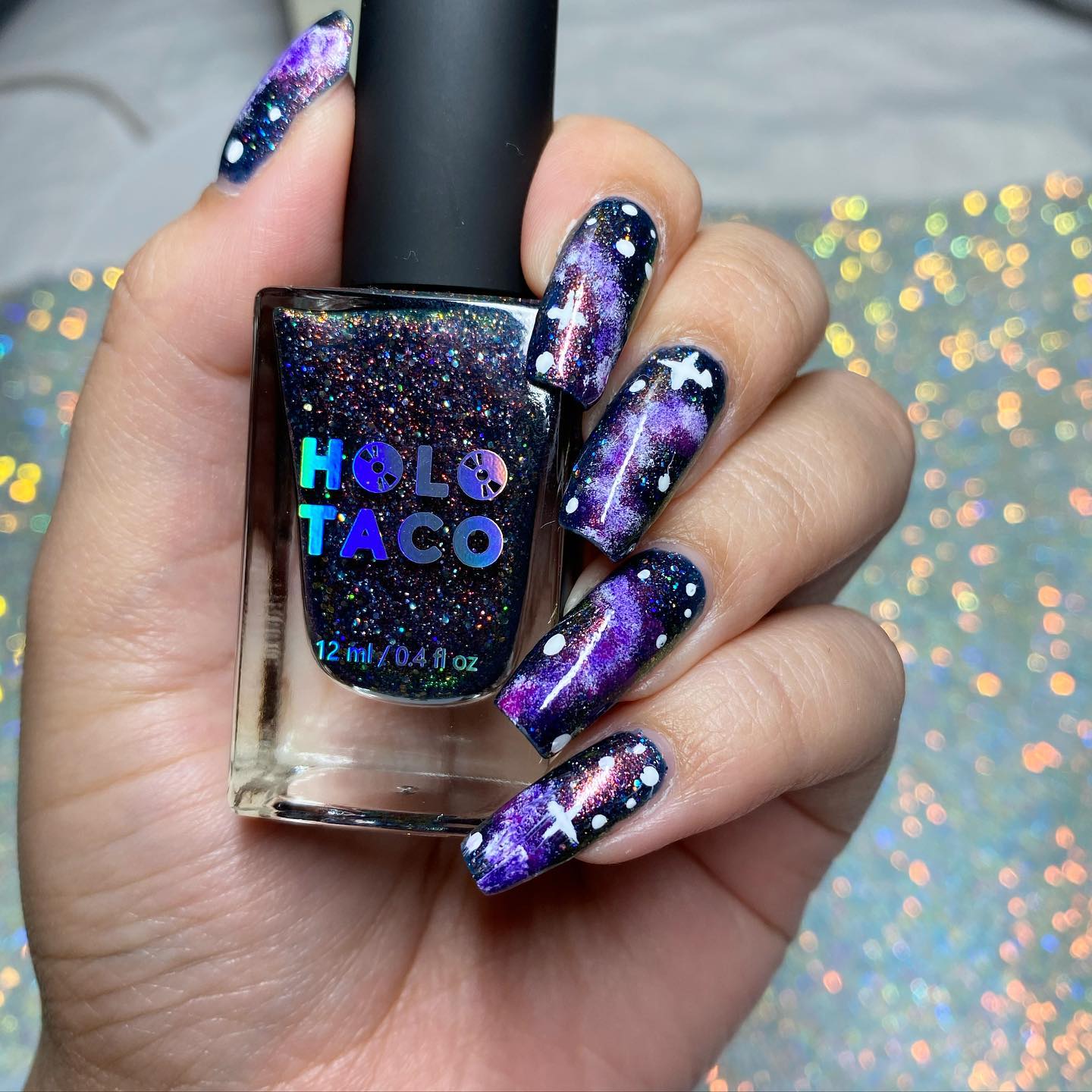 Long Square Glossy Purple Galaxy Nails with White Dots