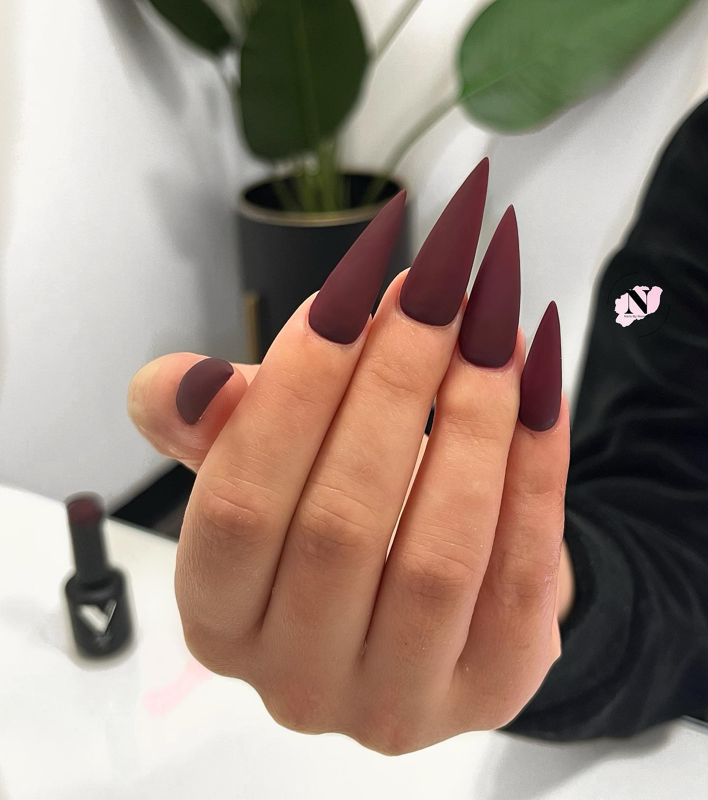 Long Stiletto Matte Burgundy Nails