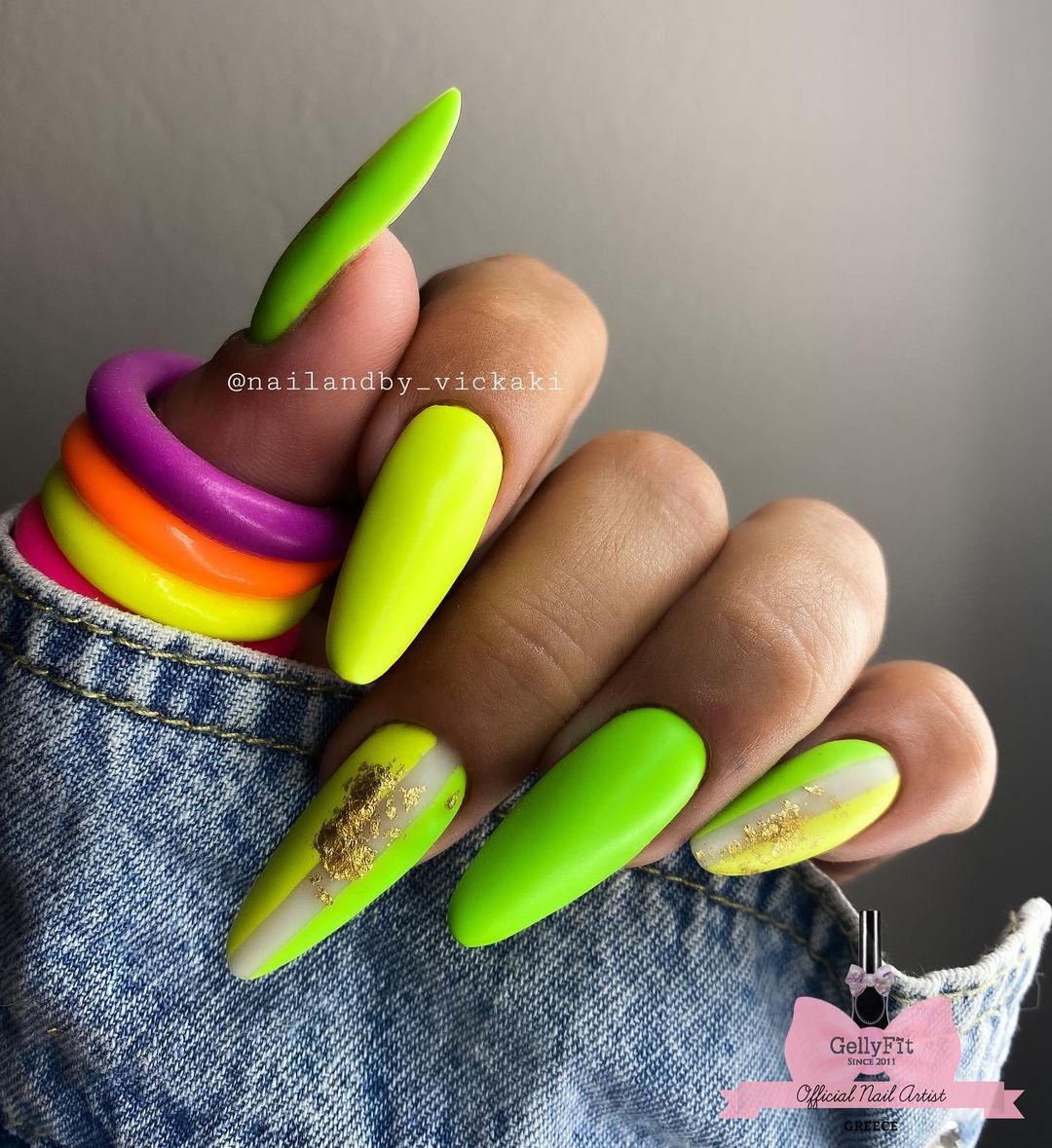 Neon Green and Yellow Nails with Foil Design