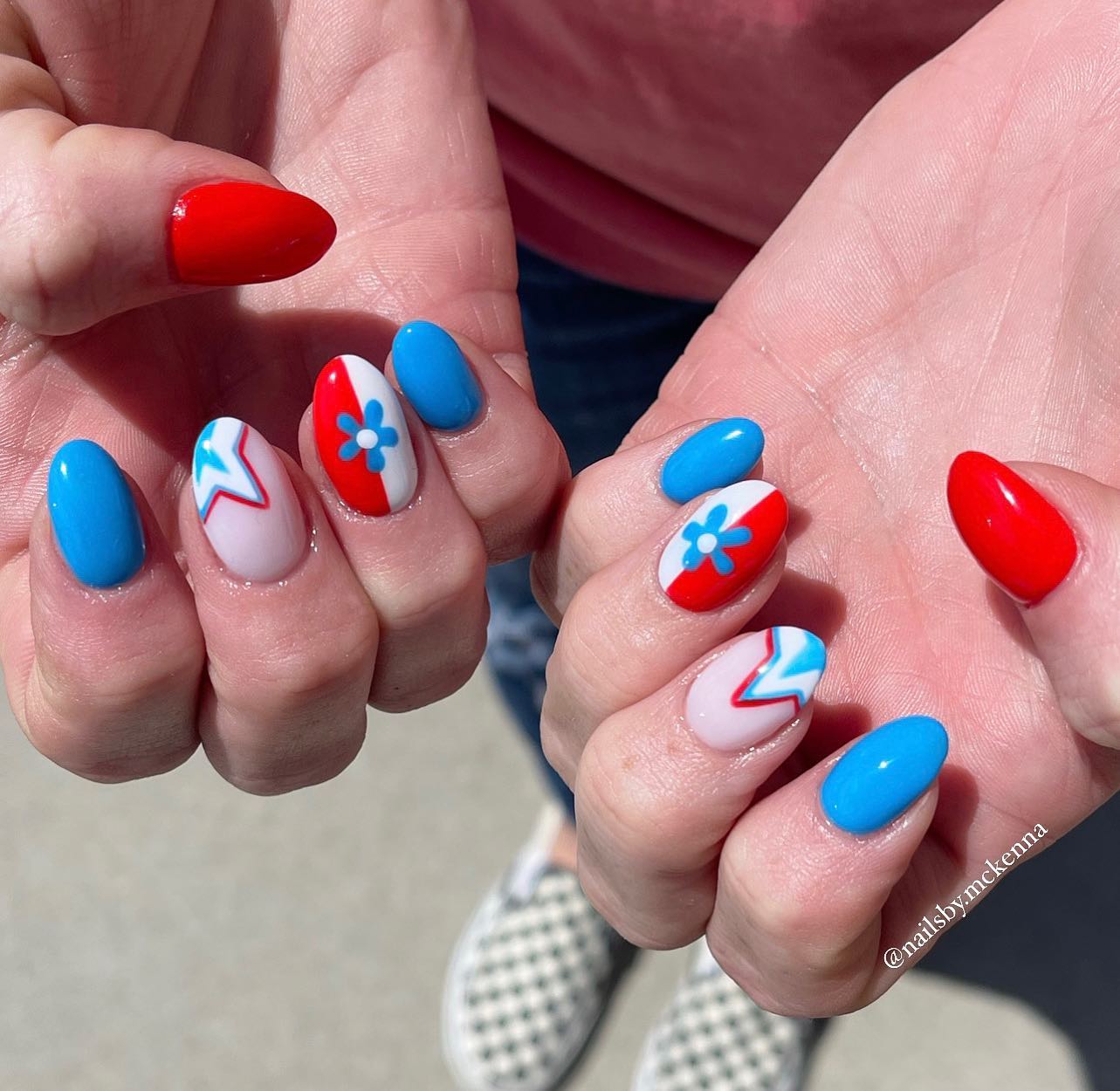 Short Bright Red and Blue Nail Combo