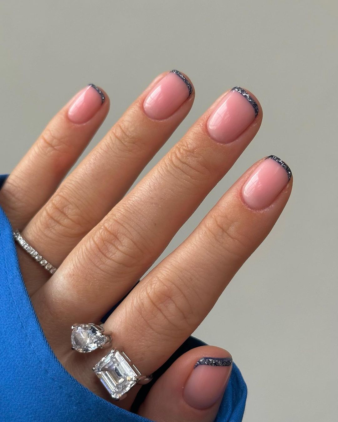 Short Nude Nails with Glitter Tips