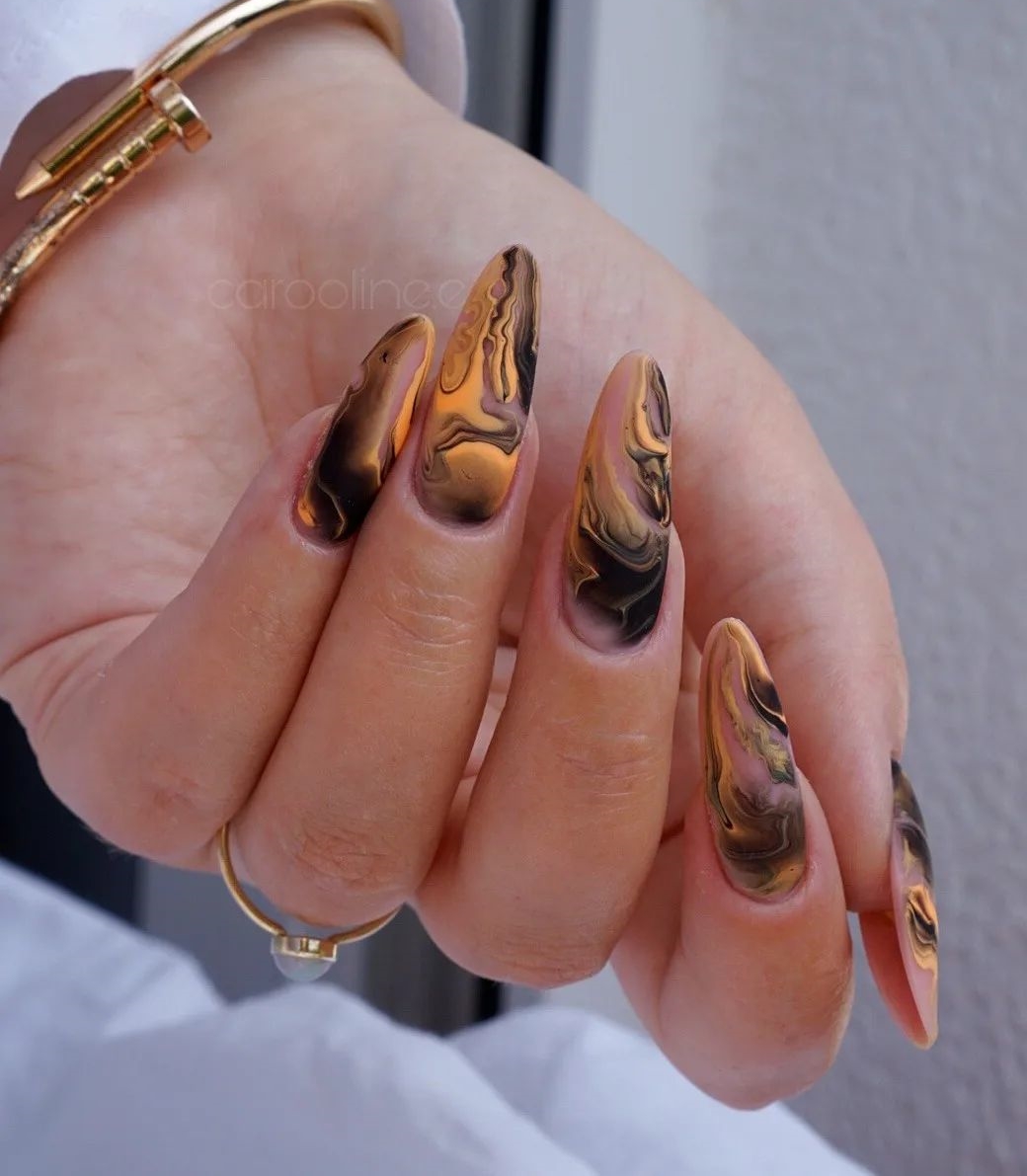 Black Nails with Orange Marble Design