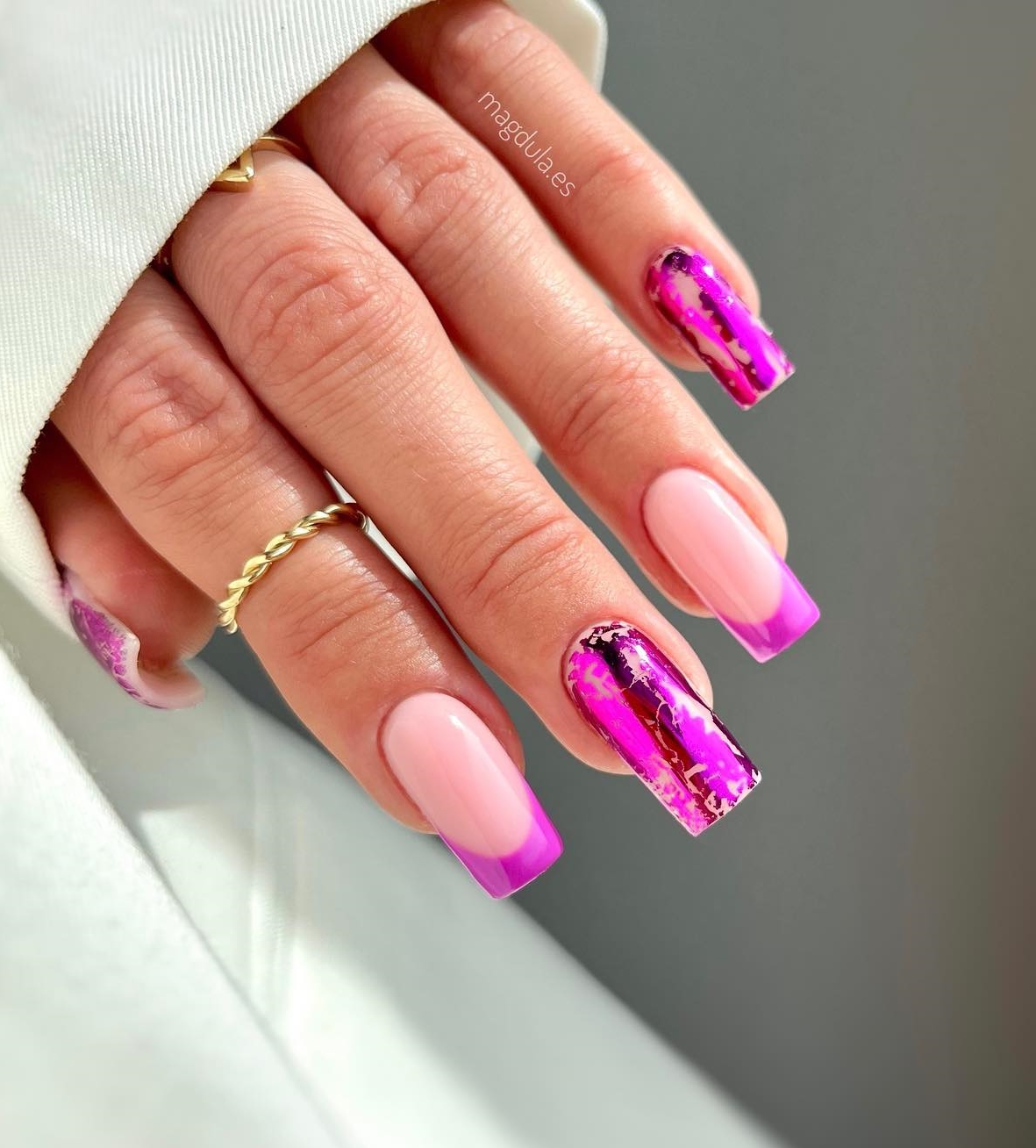 Long Square Pink Nails with Foil