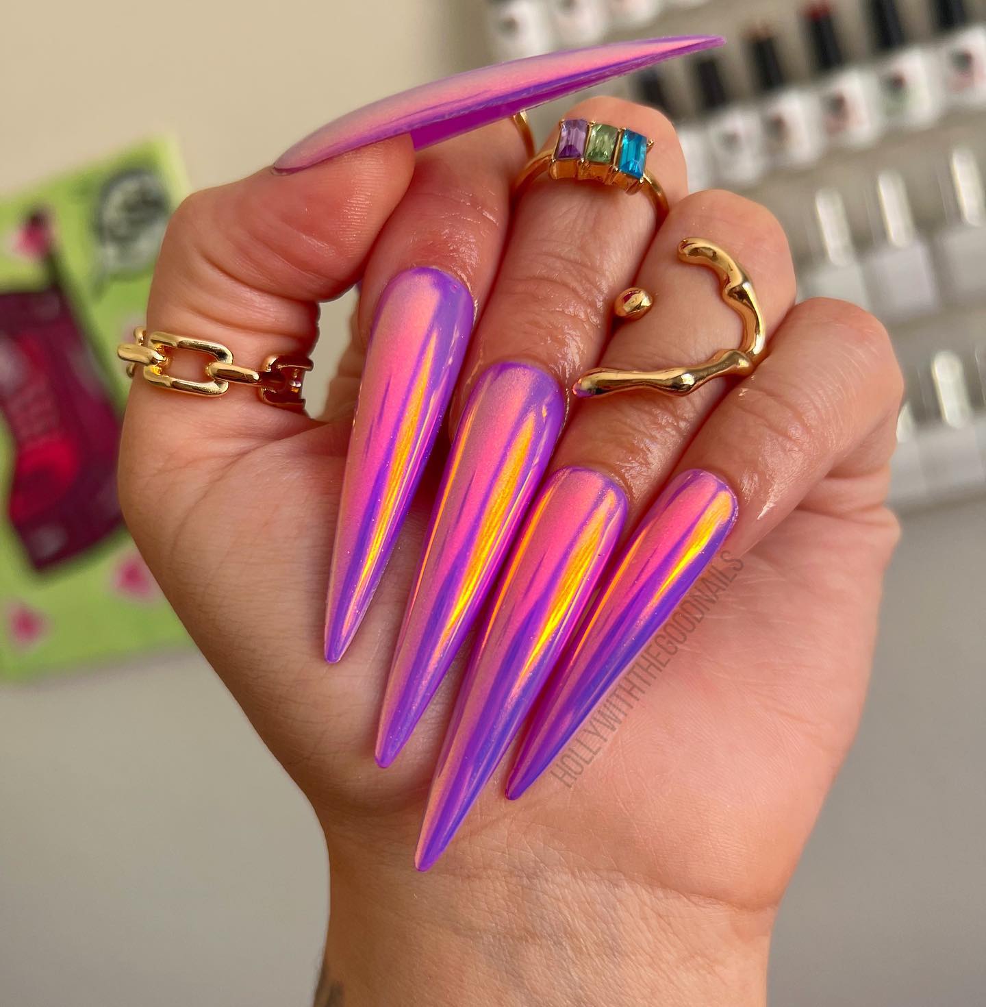 Long Stiletto Pink Chrome Nails