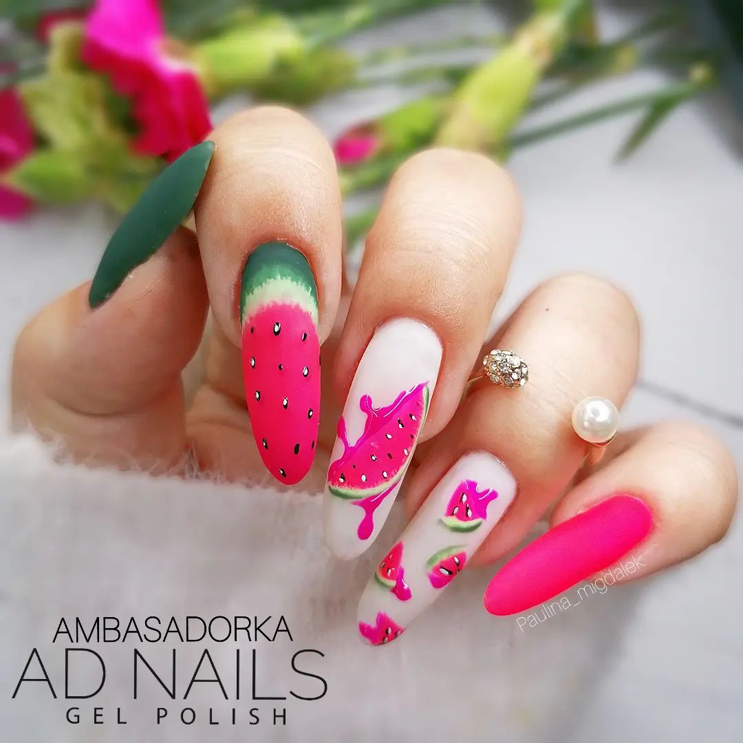 Neon Pink Nails with Summer Fruit Design