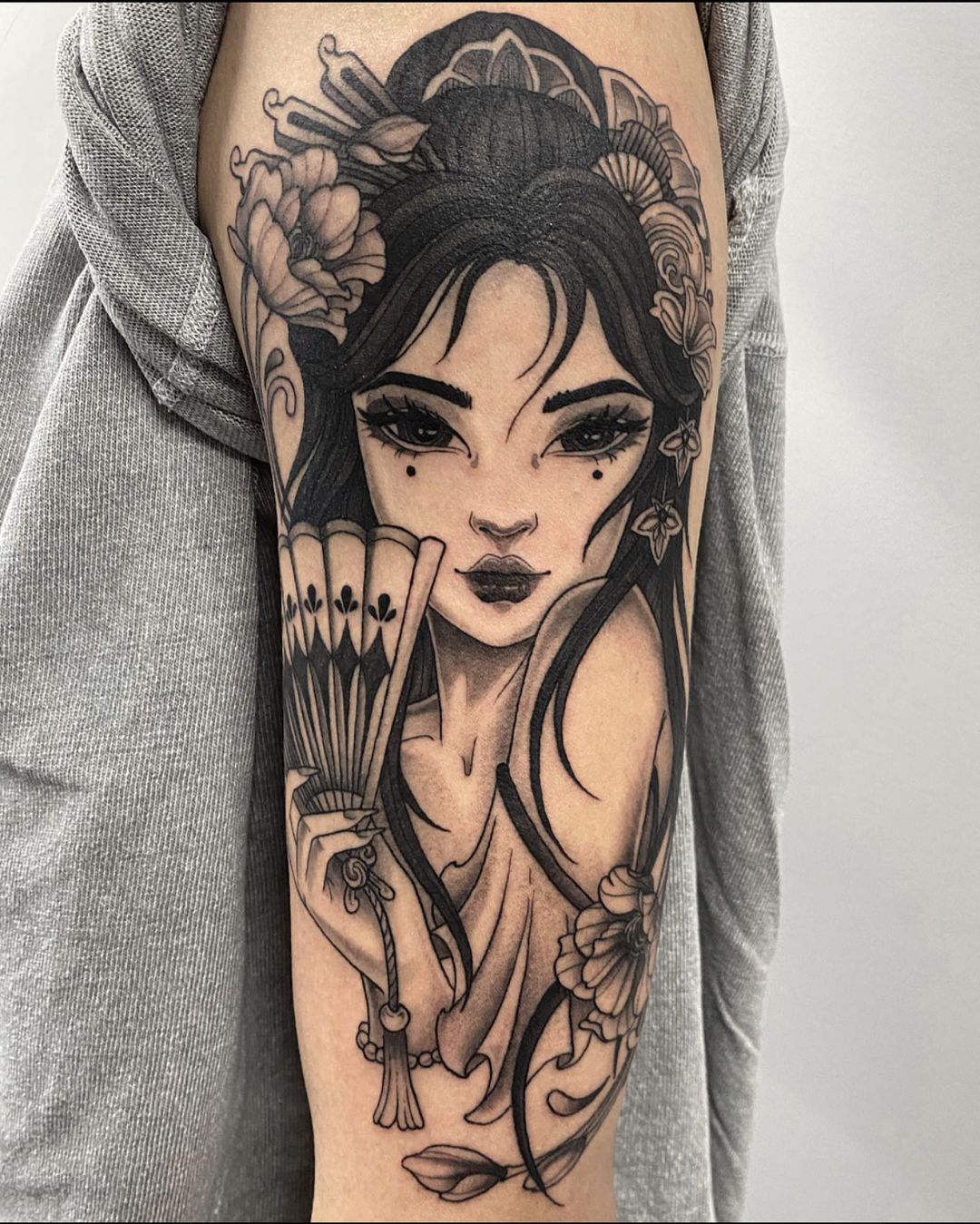 Black and White Japanese Geisha Tattoo on Arm