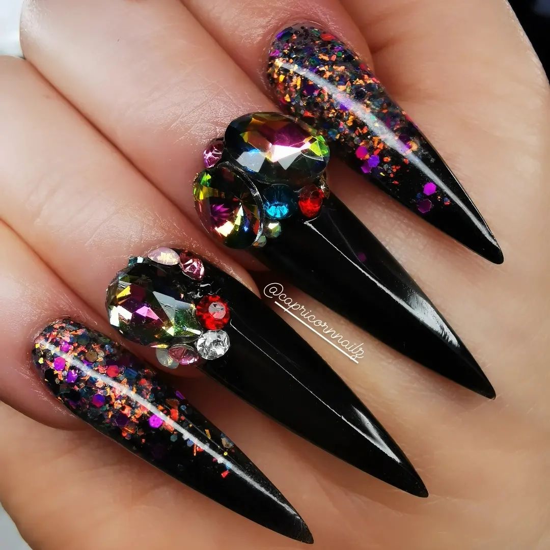 Black Stiletto Nails with Rhinestones and Glitter